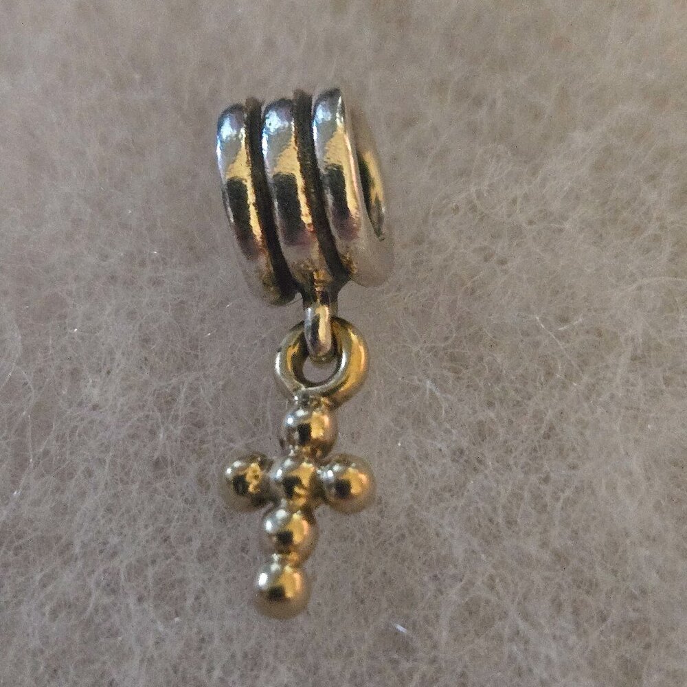 Pandora Sterling Silver bead with 14K Gold Cross Dangle Charm